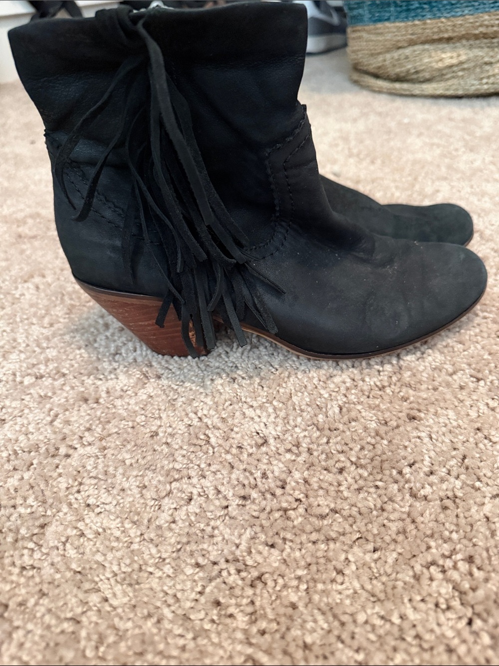 Sam Edelman Black Fold-Over Zip Ankle Booties with Fringe